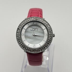 LOFT Ann Taylor Mother Pearl Crystals Silver Tone Pink Leather Women’s Watch